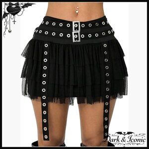 Gothic Punk Tulle Mesh Mini Skirt with Grommet Eyelet Ruffle Tiered Design